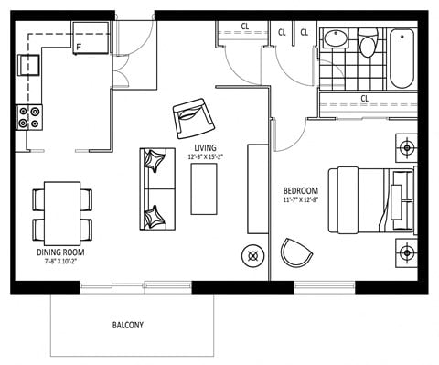 Floor plan for 1 bed, 1 bath, 702 sqft